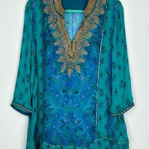 Soft Surroundings Women’s Paisley Sequin Beaded Boho Semi Sheer V-Neck Top MP